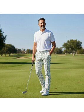 Puma Men's Sportlifestyle Golf Pants Plaid White/Green/Yellow  Sz 30x32 EUC